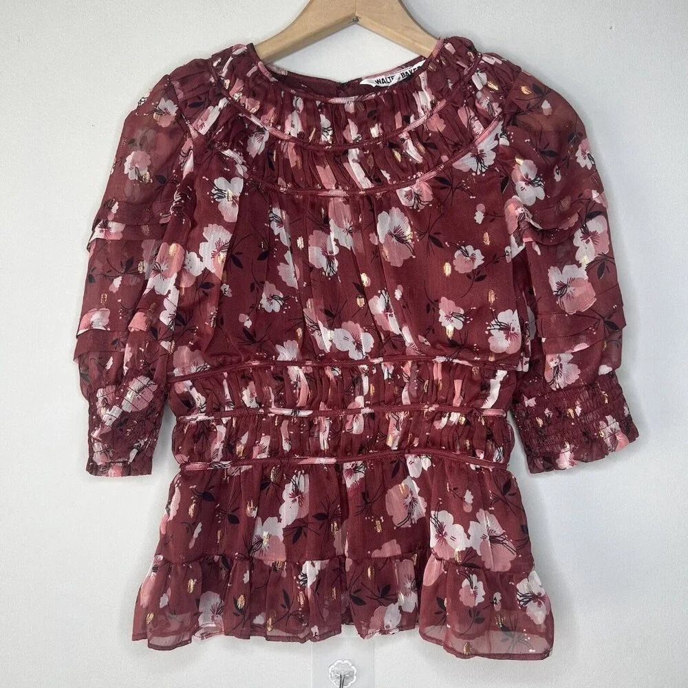 Walter Baker Zuma Blouse In Berry Hibiscus Floral Sz XS Women's flowere shirt - Picture 2 of 12